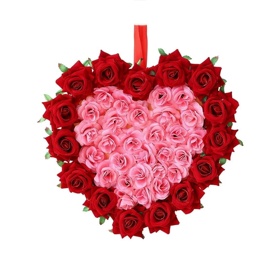 BinKFF 11.8'' Heart Shaped Wreath Valentines Day Red Heart Wreath with Tinsel Red Balls Decorations for Front Door Wedding Party Anniversary Wall Decor Gift Girlfriend Mother's Day