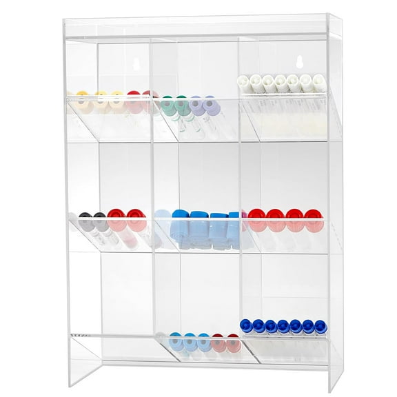 Acrylic Tube Rack with 9 Compartments & 3 Pull-Out Trays – Wall-Mount or Countertop for Laboratory, Office, Cosmetics (16 x 11.5 x 5.5 inches)