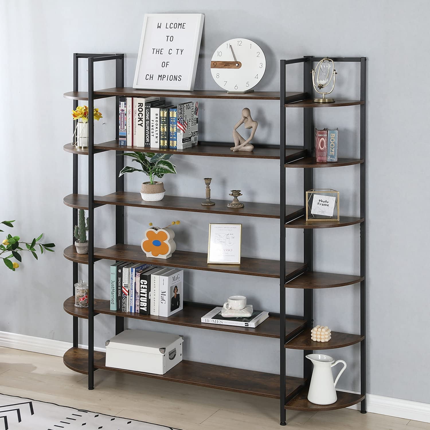 Buy Erommy Bookcase,Triple Wide Large riple Wide 6 Tier Open Bookcase, Wood and Metal Industrial