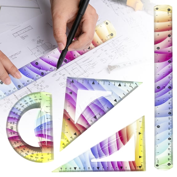 4 Pcs Flexible Rulers Set, Colorful Geometry Kit, Plastic Bendable Shatterproof Soft Rulers, Clear Ruler 38 cm/ 15 Inch, Triangle Rulers and Protractor