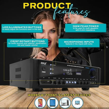 PYLE - Digital Home Theater 300W 4- channel Bluetooth Stereo Receiver - Black