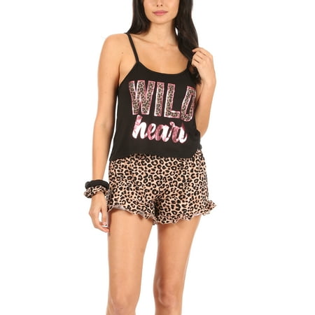 

French Affair Women s Wild Heart Metallic Cami Leopard Print Ruffle Shorts and Scrunchies Pajama Lounge Set