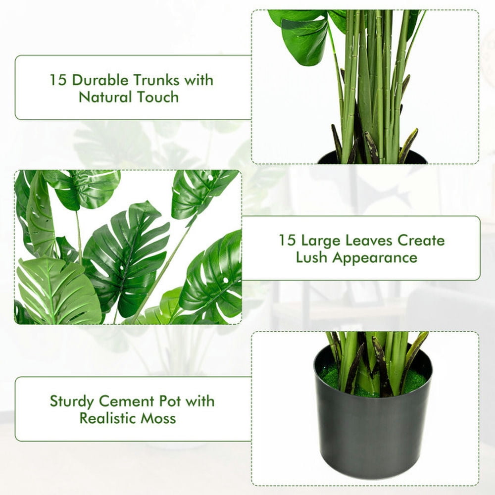 Spaco 2-Piece Artificial Monstera Tree Set, 5 Feet Artificial Tree with 15-Piece Large and Wide Leaves, Fake Plant for Indoor and Outdoor, Green