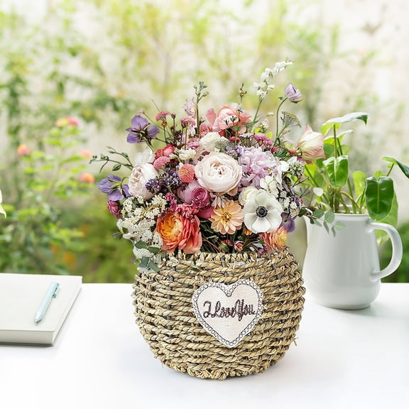 Woven Flower Pot Basket | Natural Straw, Handcrafted Rattan, Boho Style, 6 Inch Diameter
