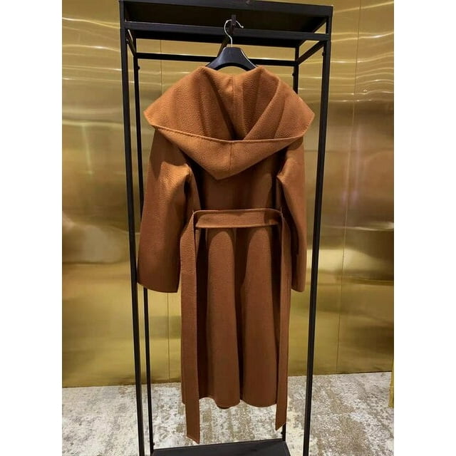 QueenLine Manteau à Capuche Décontracté Mi-Long en Cachemire avec Lacets Couleur Tabac