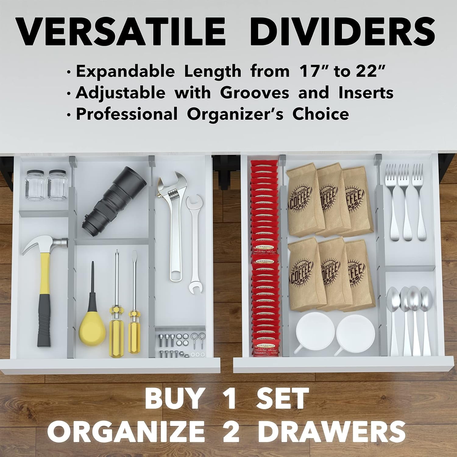 SpaceAid Bamboo Kitchen Organizer Drawer Dividers, Expandable(17-22 in), 17"L x 0.6"W x 2.6"H, Grey