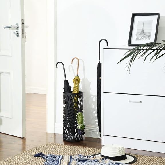 Umbrella Stand, Umbrella Holder for Entryway, Steel Round Umbrella Rack Freestanding, for Canes Walking Sticks, with a Detachable Drip Tray, 2 Long and 2 Short Hooks, Matte Black ULUC022B01
