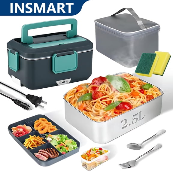 INSMART Electric Lunch Box Food Heater, 90w 2-Layer (2.5L 1L)Portable Food Warmer, 12V/24V/110V Heated Lunch Boxes for Car/Truck/Office With Fork Spoon and Insulated Carry Bag