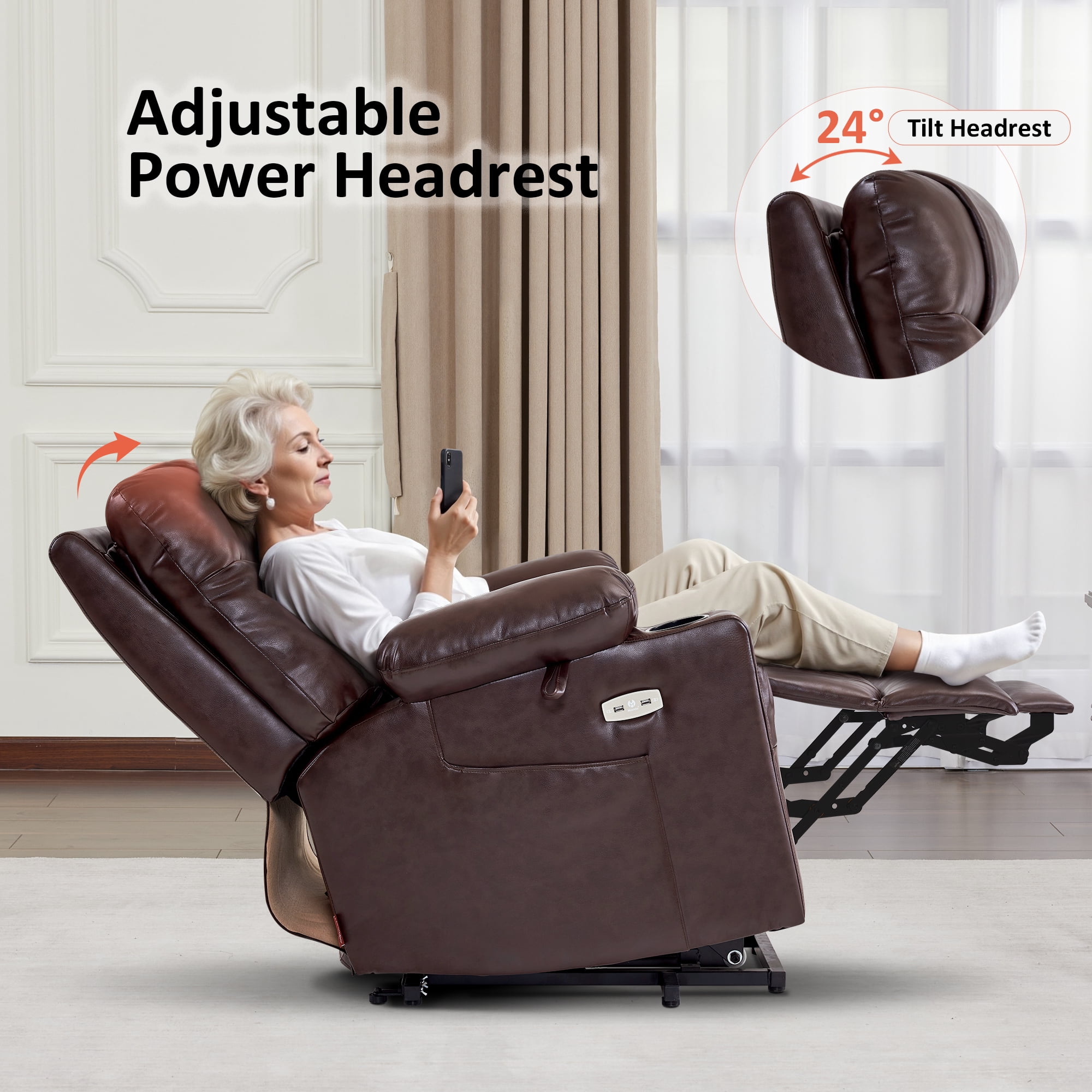 MCombo Small Size Electric Power Lift Recliner Chair Sofa with Massage and Dual Heating, Adjustable Headrest for Elderly People Petite, USB Ports, Extended Footrest, Faux Leather 7111 (Dark Brown)