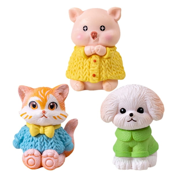 3 uds Mini encanto de resina pequeña estatuilla de Animal miniatura gato cerdo perro estatuilla pequeña estatuilla