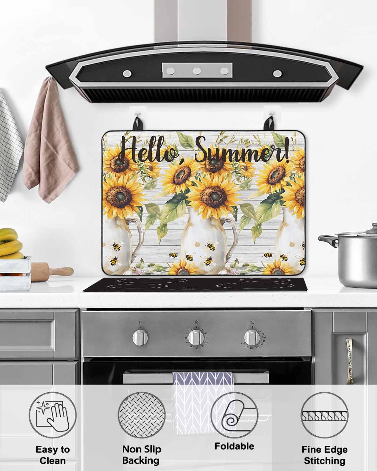 nqOlkjepod Large Induction Cooktop Protector Mat 24"x21", Sunflower Stove Top Covers for Electric Stove, Summer Bee Wildflower Vintage Grey Wood Grain Stove Burner Cover Mats, Glass Top Stove Cover