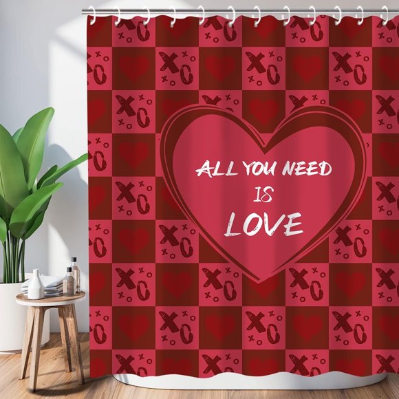 Rideau de Douche de la Saint-Valentin Ensembles de Rideaux de Douche de la Saint-Valentin Cœur Rouge Romantique Déco de Salle de Bain Fête Tissu Imperméable Lavable Décorations de Rideau de Salle de Bain 72 Pouces x 72 Pouces avec 12 Crochets