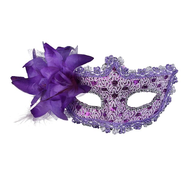 Máscara de mascarada de encaje morado con decoración floral de PVC