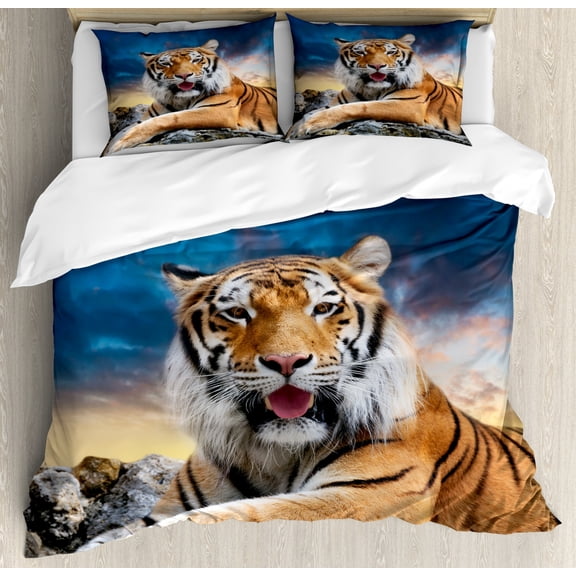 Tiger Duvet Cover Set King Size, Calm Siberian Large Cat with Beautiful Sunset Resting on a Boulder Relaxed Beast, Decorative 3 Piece Bedding Set with 2 Pillow Shams, Multicolor, by Ambesonne