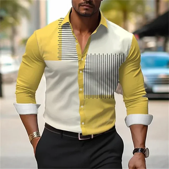 Nueva camisa abotonada de manga larga para hombre, camisa estampada a rayas de color sólido, camisa musculosa suave y cómoda para hombre, talla grande