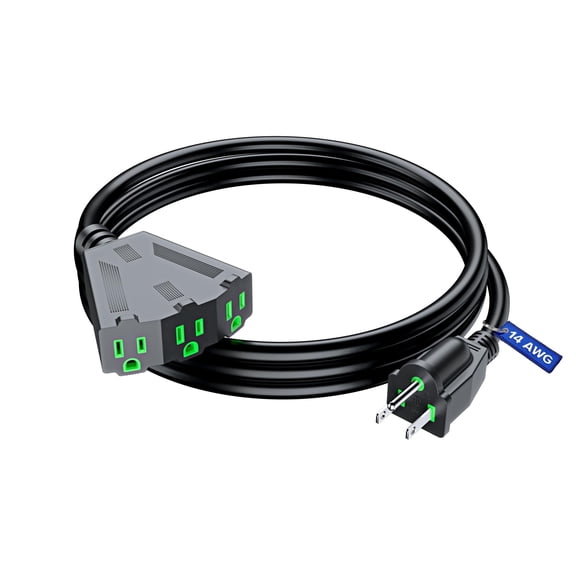 Extension Cord 3 ft, Extension Cord with Multiple outlets, SJTW 14 Gauge (Black with Green Indicators) ETL Listed