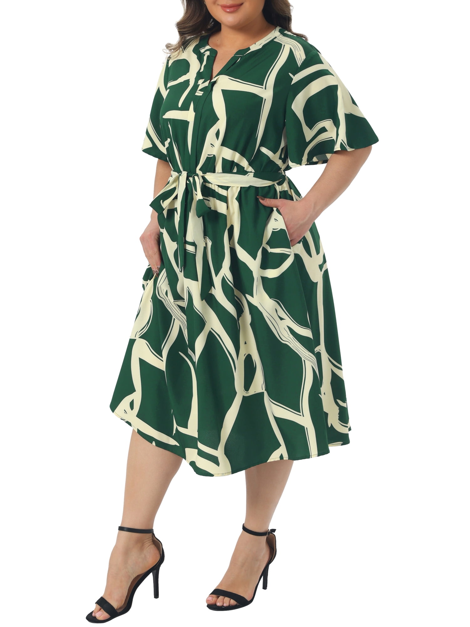 DARING DIVA Women's Plus Size Short Sleeve Notched V Neck Midi Dress 2X Dark Green