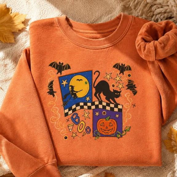 Boo Black Cat Witch Pumpkin Halloween Graphic Crewneck Sweatshirt, Unisex Fit
