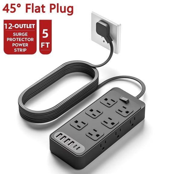 Flat Plug 45° Angle Power Strip, 12 Outlets & 18-in-1 Multi Plug Extender with 2 USB C Ports(5V 3.6A), Wall Mountable Surge Protector for Home Office Dorm Room, Black
