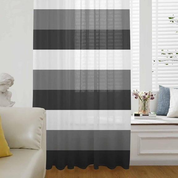 Grey Black White Striped Semi Sheer Curtains Drapes for Living Room, Bedroom, French Doors Window 84 Inches Long, Farmhouse Stripes Rod Pocket Chiffon Curtain Drapery Voile Draperies Panel