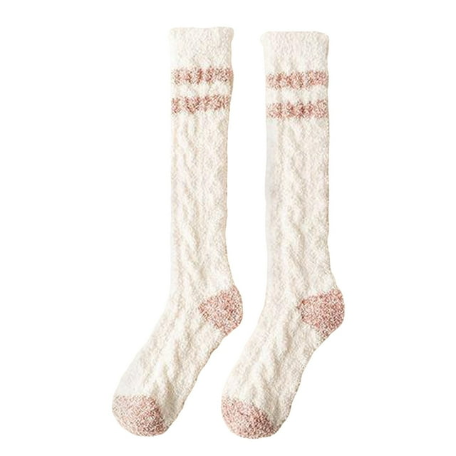 WEAIXIMIUNG Chaussettes Blanches Hauteur Genou Bas d'Hiver Bas Femme Rayé Corail Coloré avec Épais et Chaud