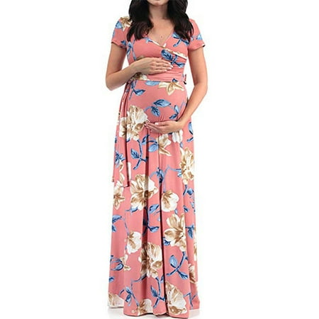 

MAWCLOS Women Maternity Faux Wrap Dress with Waist Belt for Baby Shower Casual Short Sleeve V Neck Dress