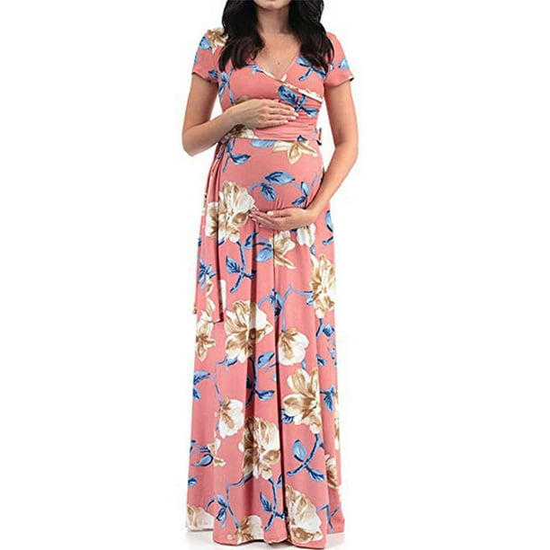 Pregnant Womens Floral Wrap Belt Long Dress V Neck Maternity Summer Maxi Dresses