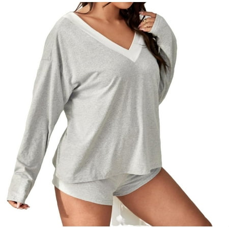 

Womens Plus Pajama Sets Colorblock Short Sets Sleepwear PJ Set Grey 1XL