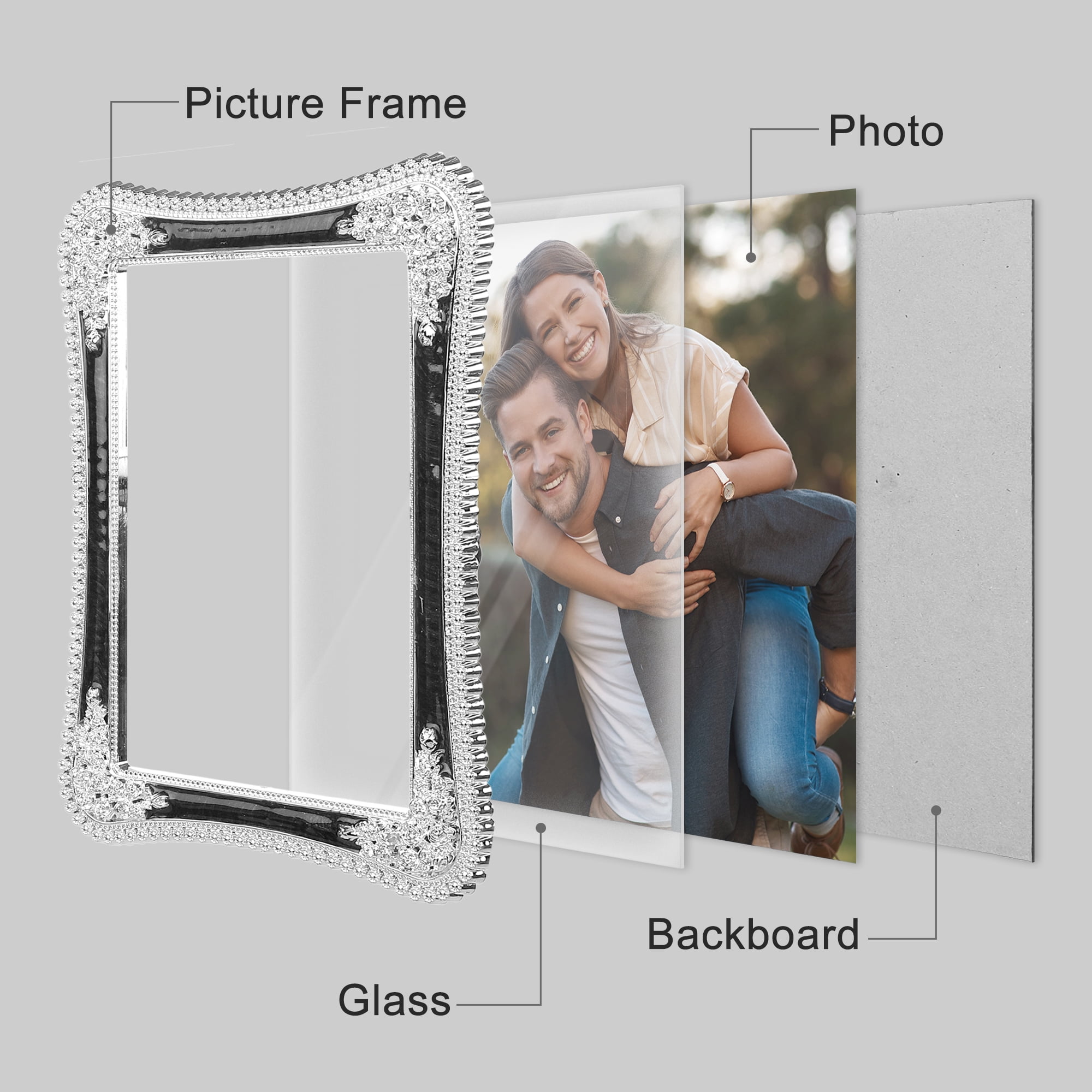 Unique Bargains Plated Picture Frame with Crystal Tabletop Decor Silver and White 5x7 in Silver and White/Gold and Black 4x6