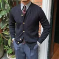 thumbnail image 2 of Suéteres de punto para hombre, ropa de moda japonesa Harajuku azul para hombre, cárdigan de negocios con cuello en V, invierno 2024, réplica de alta calidad A, 2 of 4