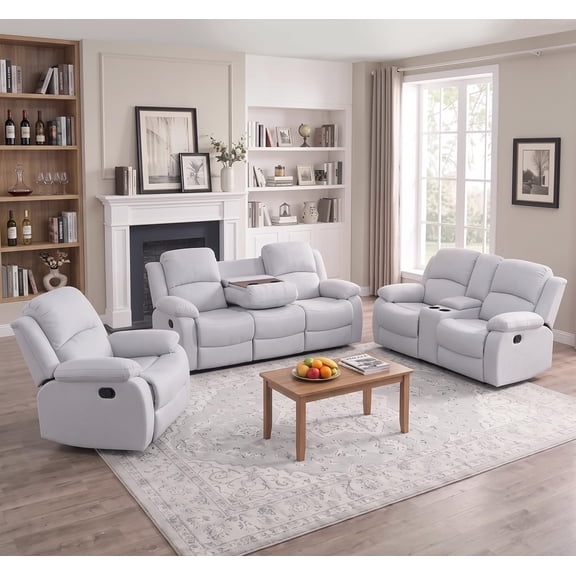 Caberryne Recliner Sofa Set for Living Room Furniture Sets,Fabric Reclining Couches with Cup Holders/Hidden Table(3pcs,Gray)