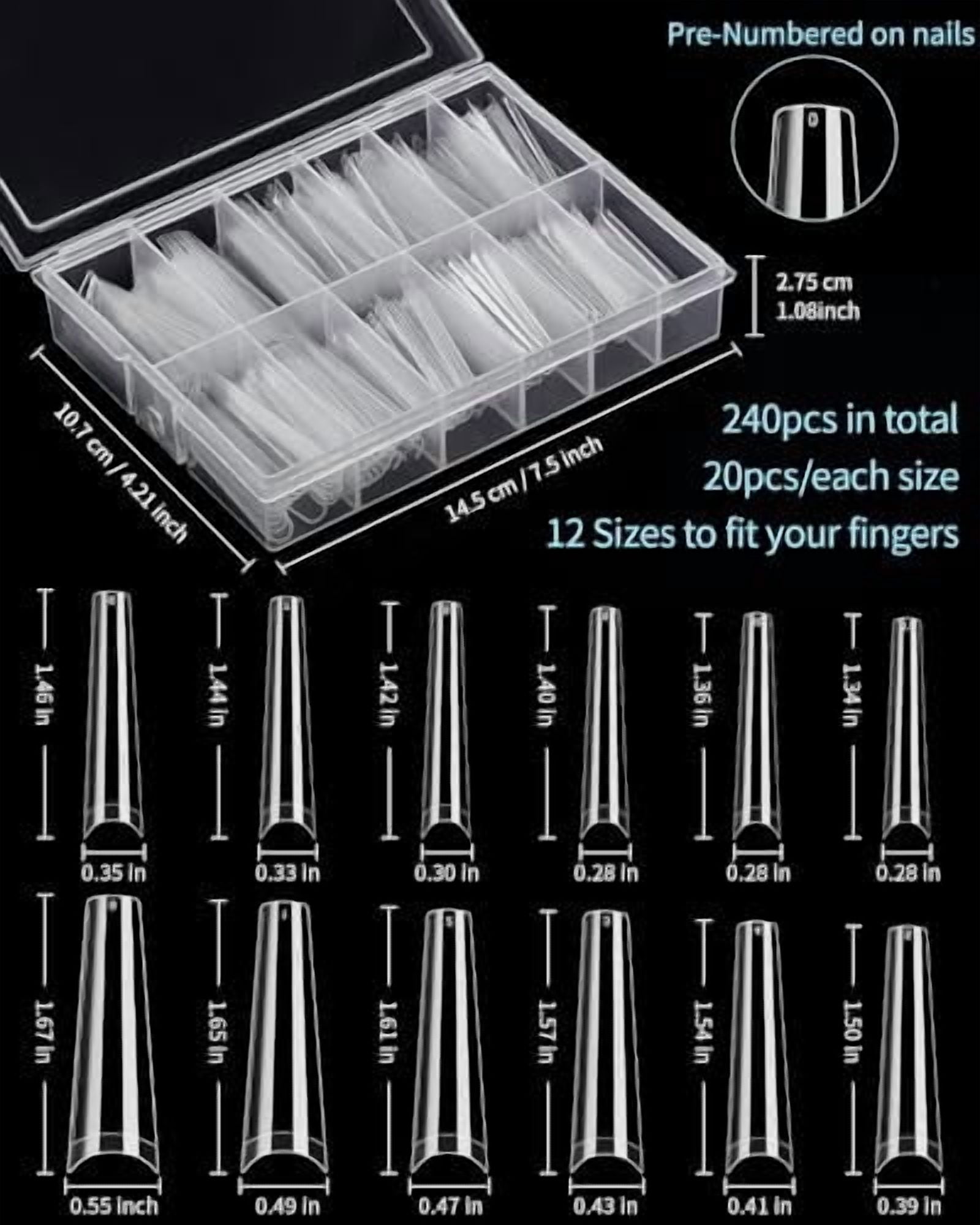 240 Pcs Half Cover Coffin Nail Tips Clear Acrylic Extra Long False Nail Tips with Glue, Clipper, Files and Cuticle Fork for Salons and Home DIY