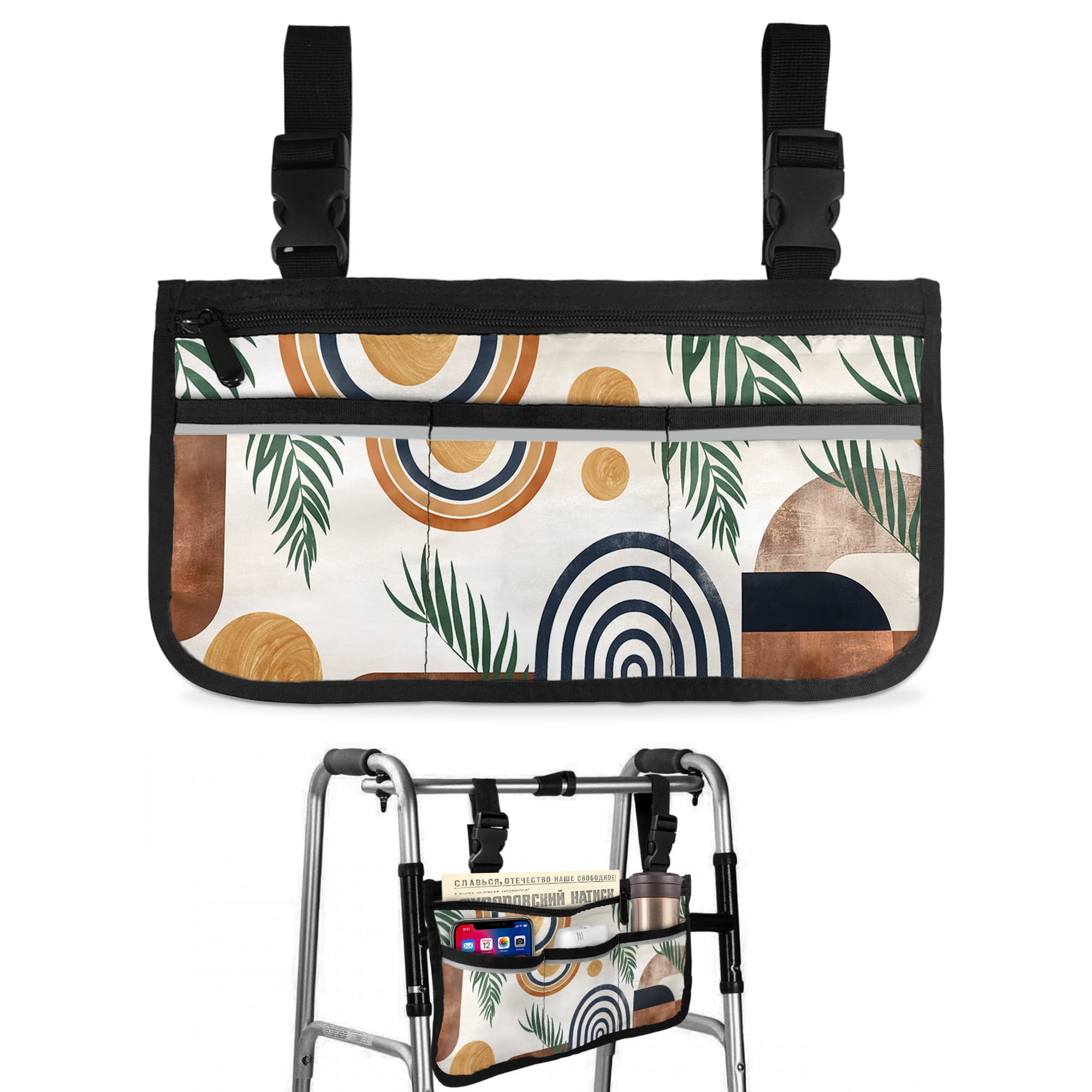 Boho Middle Century Wheelchair Side Bag Walk Bag Basket, Modern Abstract Botanical Geometric Wheelchair Accessories Armrest Pouch, Organizer Storage Bags for Walkers, Rollators, Scooters, 7.3"x13"