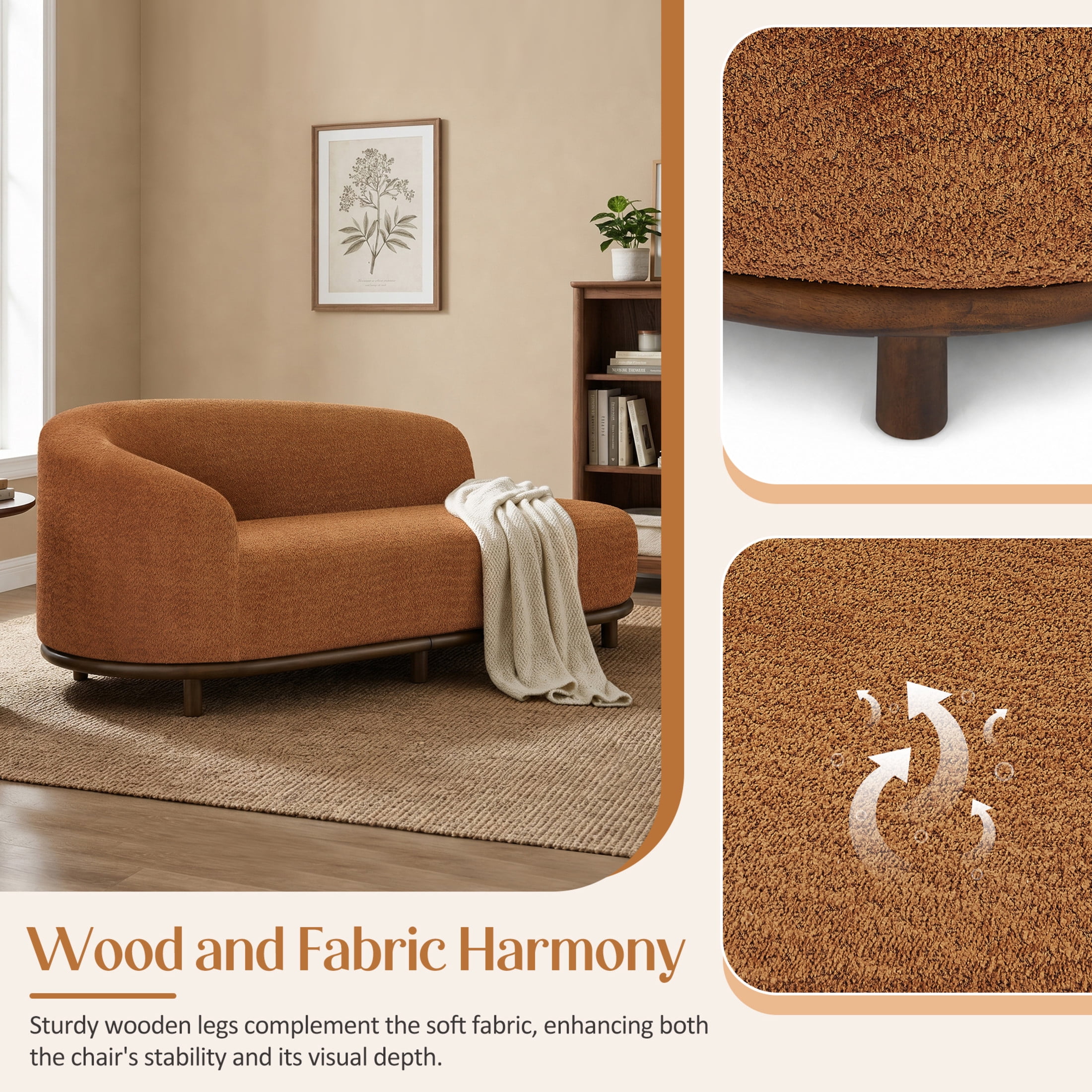 Christopher Knight Home Modern Boucle Chaise Lounge Sofa with 3 Seats, Solid Wood Frame, Orange