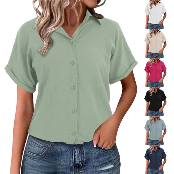 Women's Cotton Linen Tunic V Neck Short Sleeve Blouse Summer Casual Wear