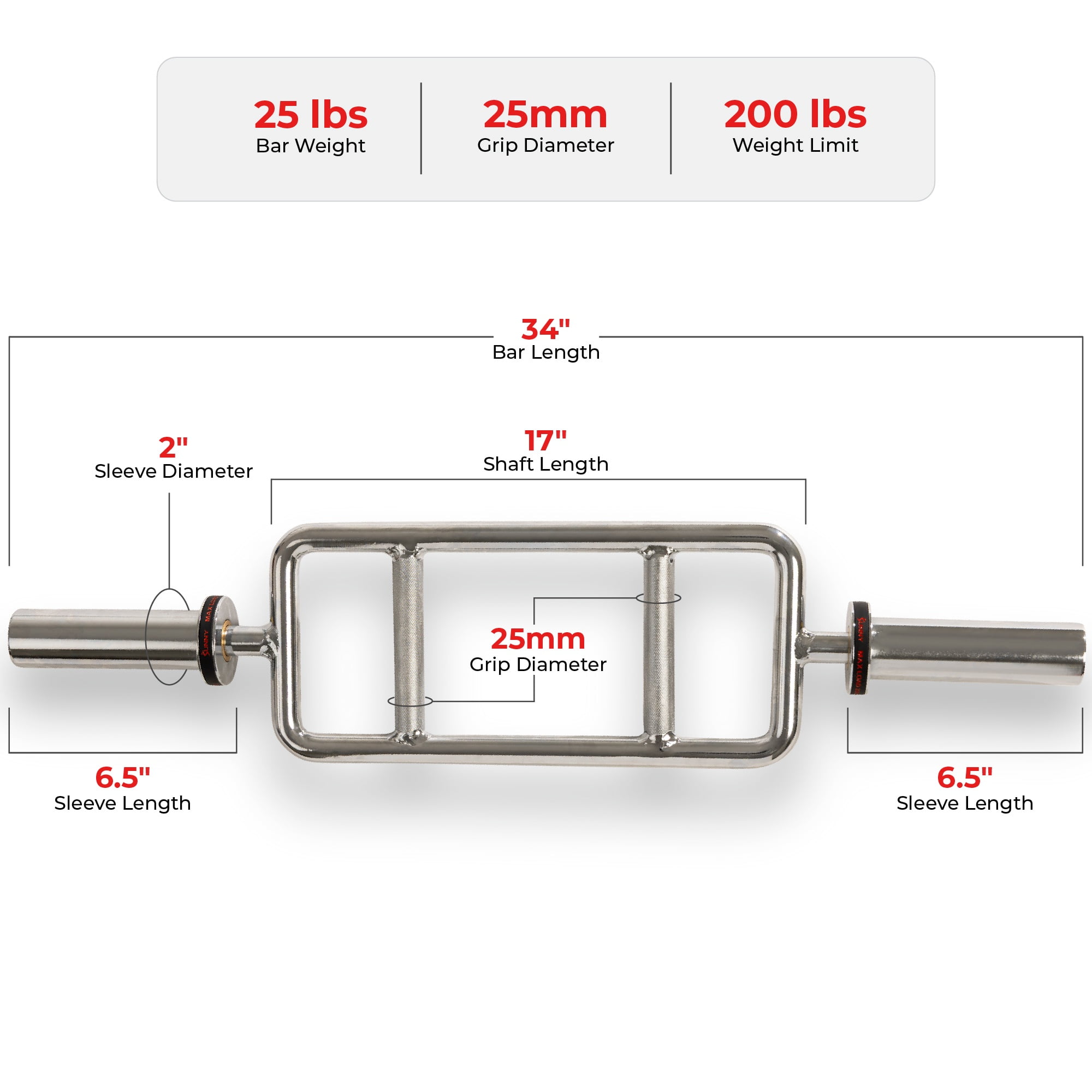 Sunny Health & Fitness Olympic Tricep Bar with Spin-Lock Ring Collars - SF-OB02-34