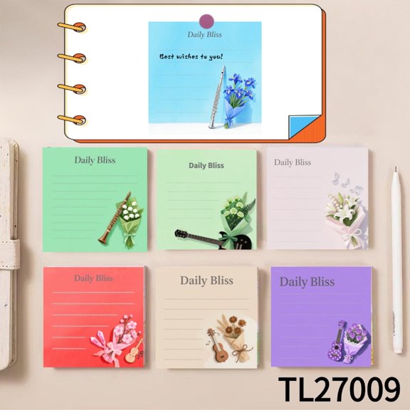 Daily Bliss Note Pads: Charming Love Music Designs (3.54×3.54 Inches) 100-Pack with105 Emoticon Stickers, Quickly Jotting Down Reminders, Super Strong Adhesion, Perfect for Neat Note - Making