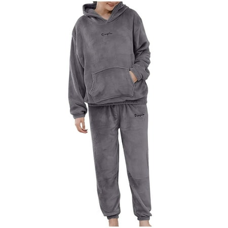 JGGSPWM Women s Loose Solid Color Fluffy Pajamas Set Soft Comfy Fleece Pj Set 2 Piece Loungewear Hooded Winter Warm Sleepwear Gray Free Size