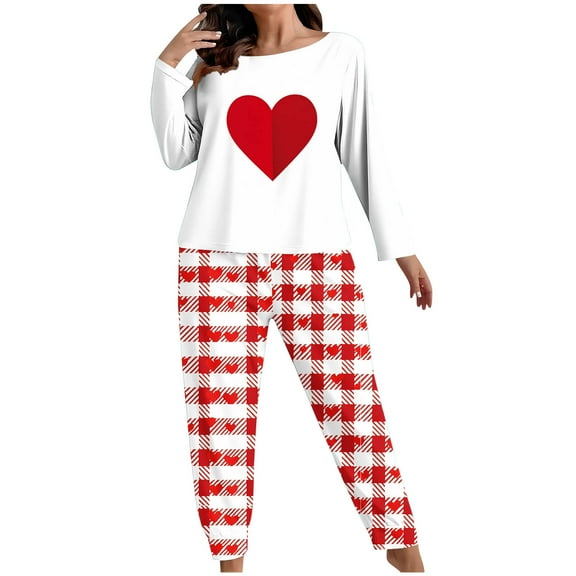 Lorytime Valentines Women Pjs Sets Long Sleeve Heart Plus Size Crewneck Pullover and Plaid Trousers Loungewear Red 3XL