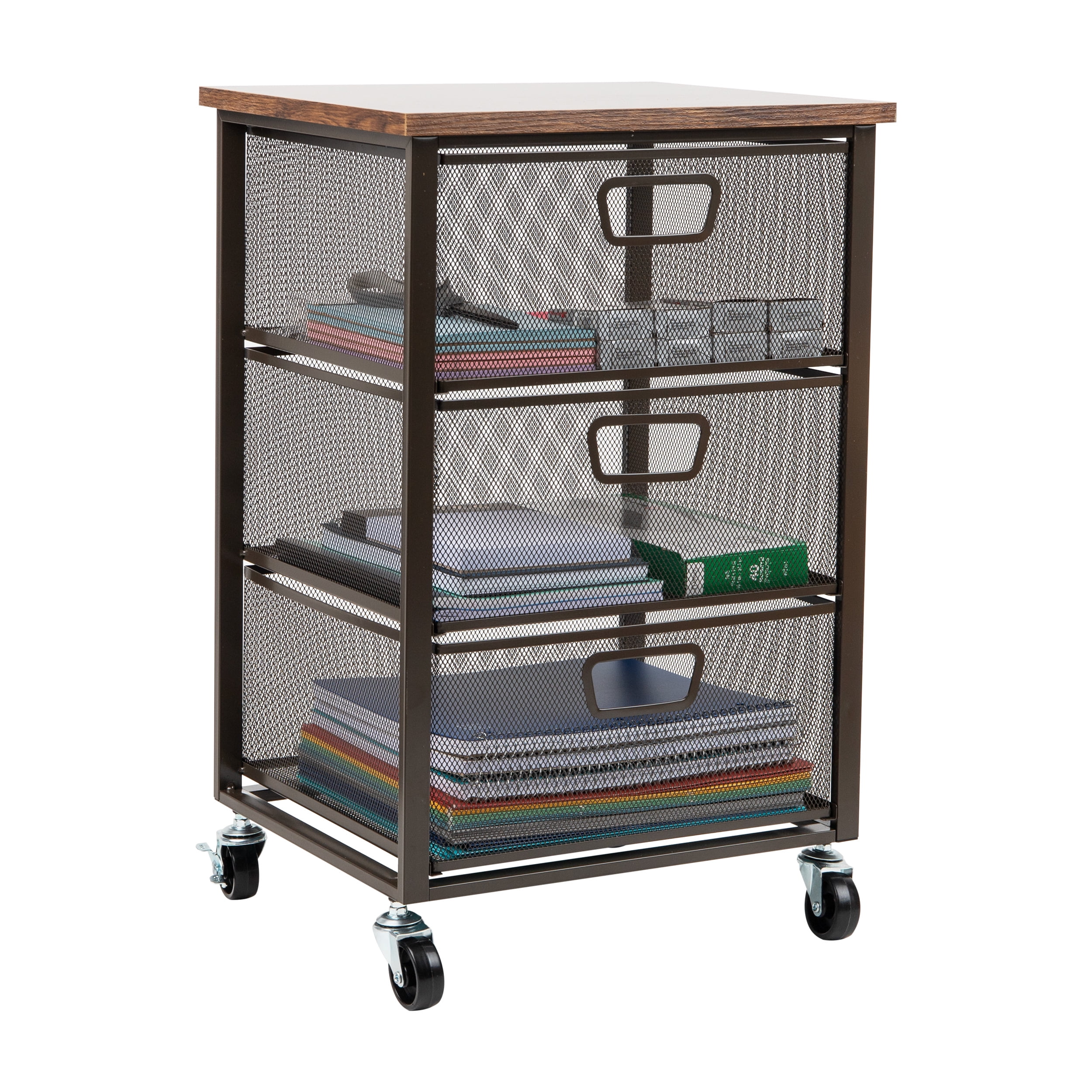 Mind Reader 3-Drawer Rolling Storage Cart, Office Organizer with Wood Top, Multipurpose Portable Cabinet with Wheels, Metal, Black
