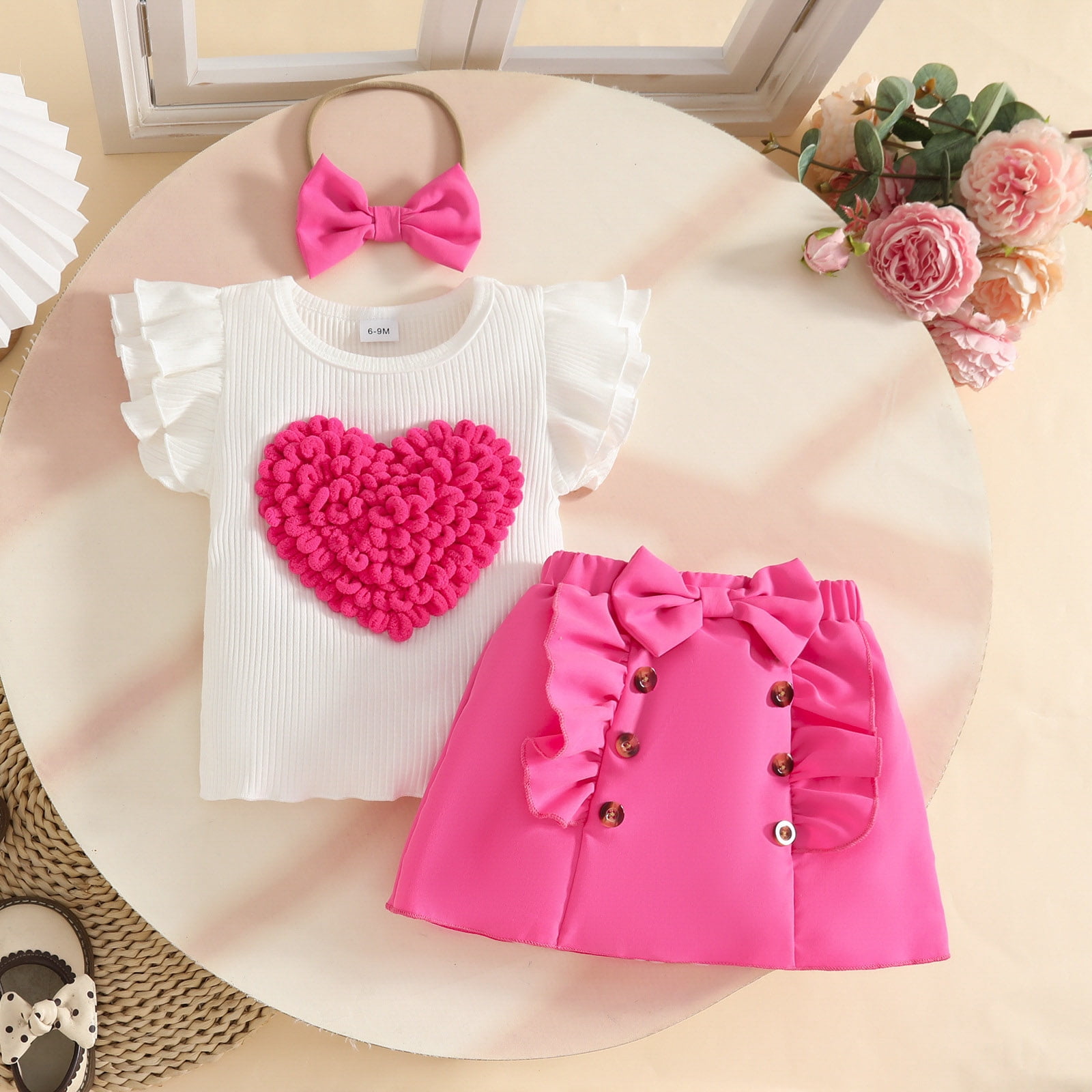 Faraee Toddler Baby Girl Skirts Outfit Infant Summer Clothes Ruffle Sleeveless Knit Vest Top A-Line Skirt Set with Headband (9-12M,Hot Pink)