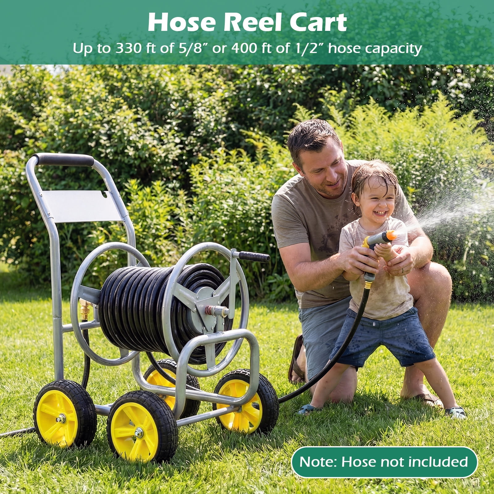 Costway Garden Hose Reel Cart 4 Wheels, 330 ft 5/8” Large Capacity for Outside Yard Lawn Silver