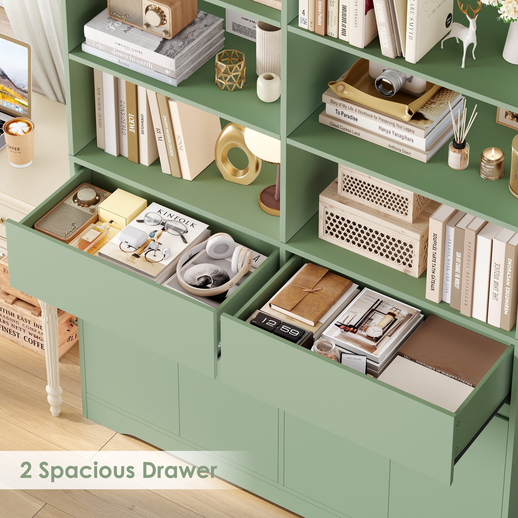Hiphuta 69"H Modern Bookcases with Doors & Drawers, Large Wooden Display Shelf for Home Office, Wooden Storage Bookshelf for Living Room, Green