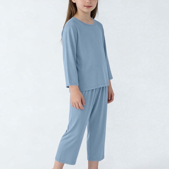 Girls Boys Outfits 2PC Comfy Casual Solid Modal Long Sleeve Pullover Top Capri Pants Sets Loungwear Sleepwear Blue 2-3 Years