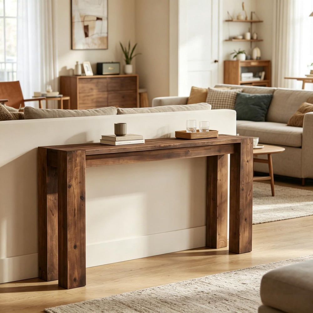 Solid Wood Farmhouse Console Table, Rustic Entryway Sofa Table with Widened Legs, Max 350LBS Weight Capacity for Hallway Behind Couch