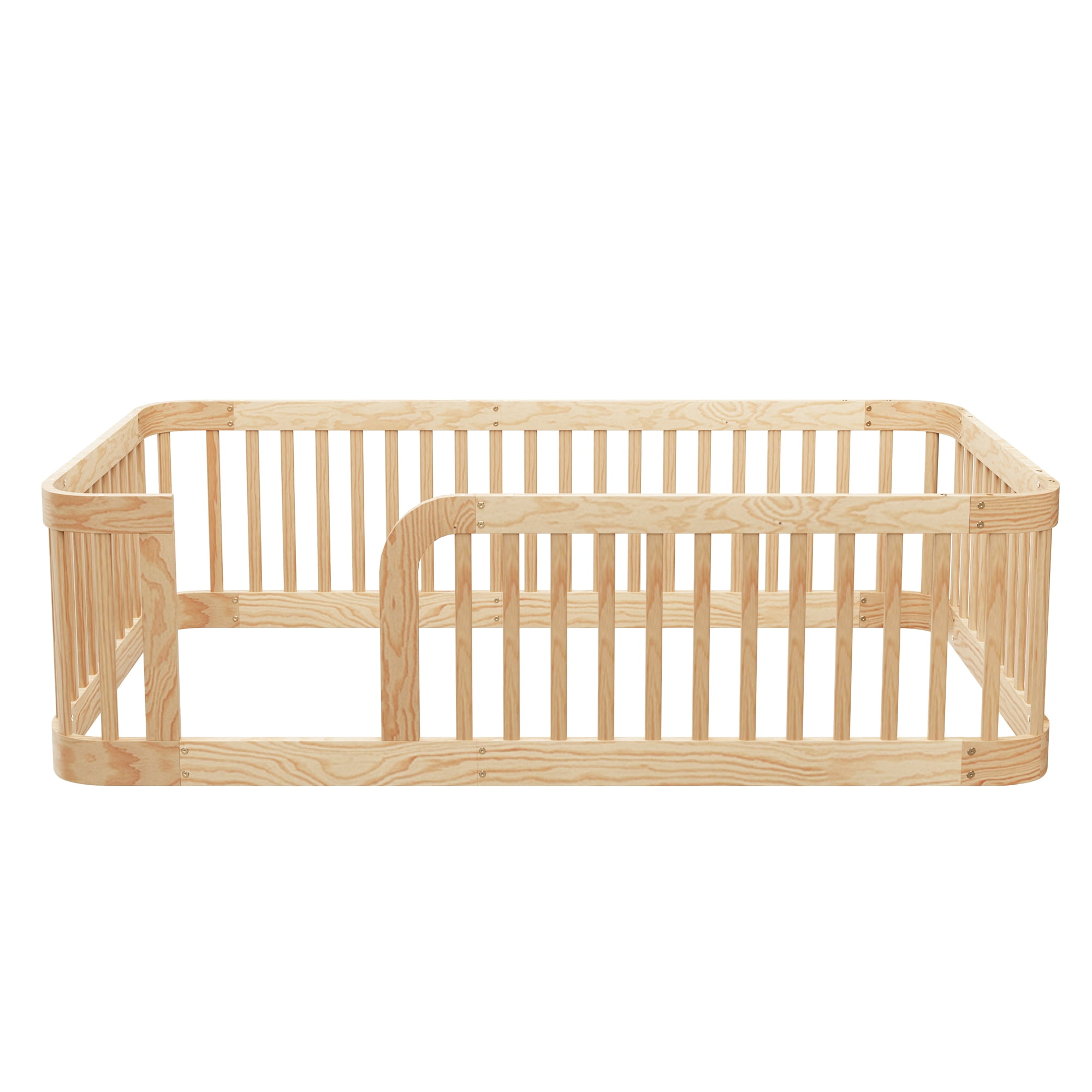 Euroco Twin Size Floor Bed with Fence for Kids and Toddlers, Natural