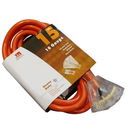 Triple Outlet 15-Ft 10 Gauge Extension Cord Indoor/Outdoor UL