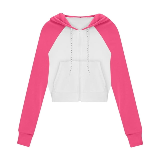 LMKIHUSA Chandails en Molleton à Fermeture Éclair pour Femmes, Vestes Légères à Cordon de Serrage pour l'Entraînement, Manches Longues Raglan, Chandail à Capuchon Y2K pour Adolescentes, Mode Automne 2025, Chandails en Molleton avec Poches, Rose Vif, TG