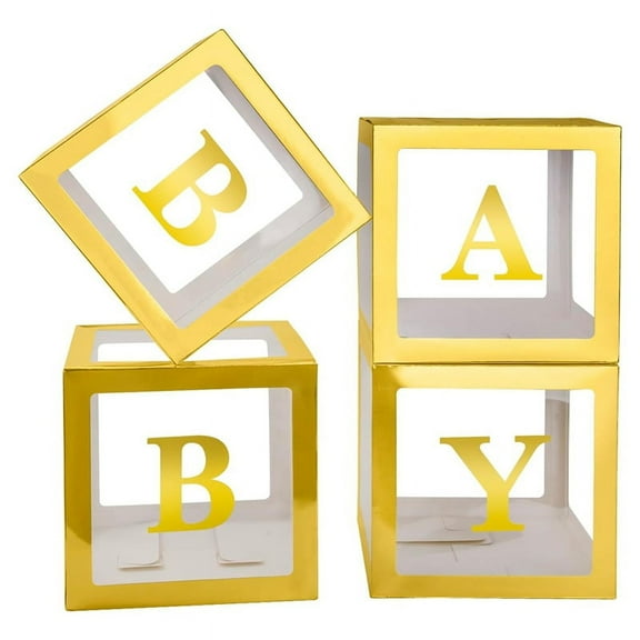 4PCS Baby Boxes for Baby Shower Gold Clear Balloon Box Gender Reveal Decorations and Bi mj3345