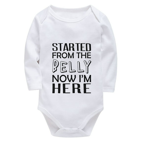 Started From The Belly Now I'm Here Newborn Onesie Baby Boy Long Sleeve Gender Neutral Baby Outfits White Baby Girl Home Fro